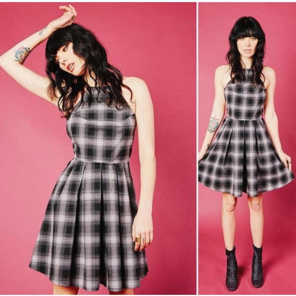 NWT Valfre Dress Womens Size Small Black Plaid Nila Skater Halter Neck Grunge